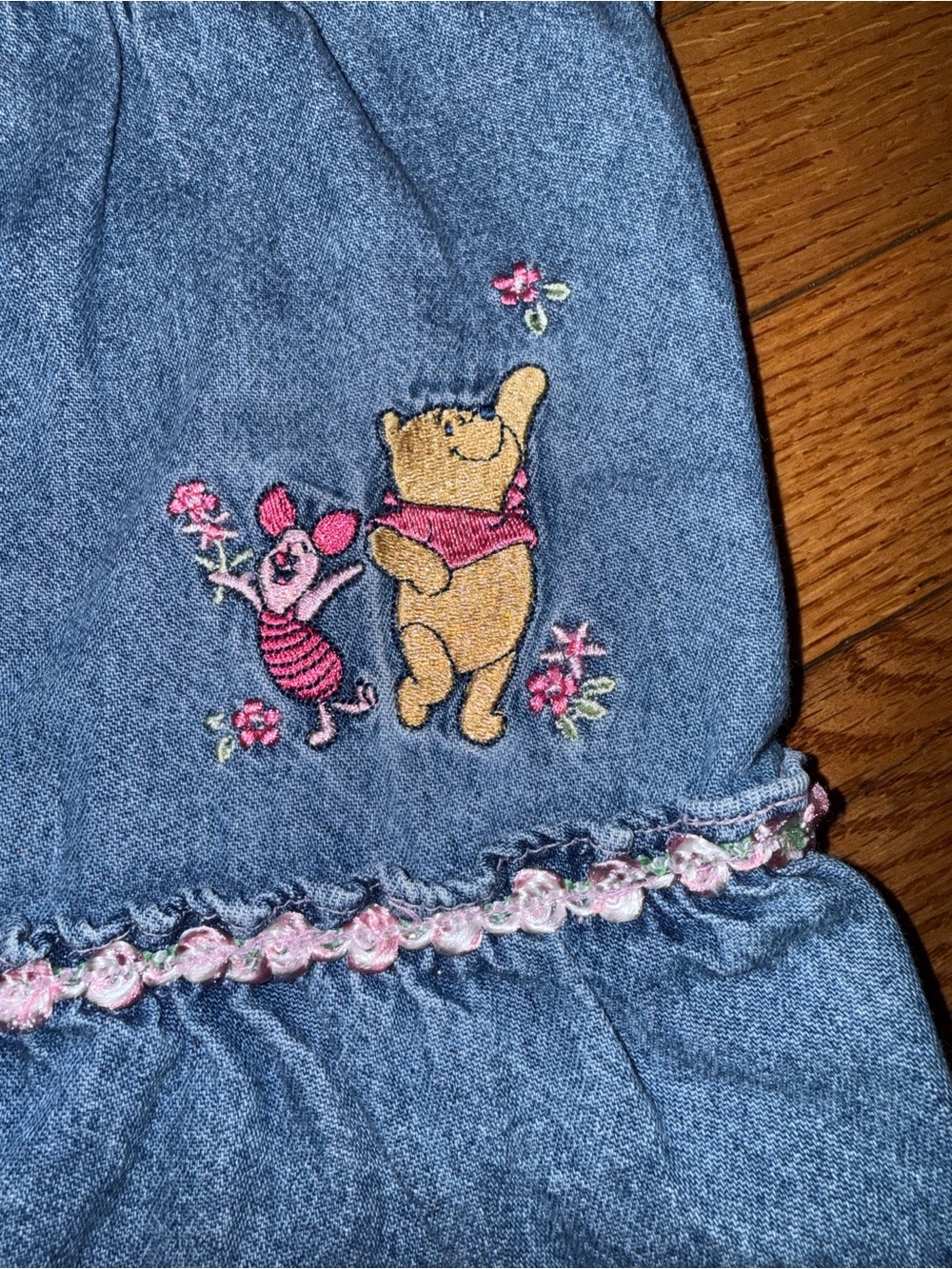 VTG Y2K Disney Winnie The Pooh Piglet Embroidered Denim A-Line Sleeveless Dress
